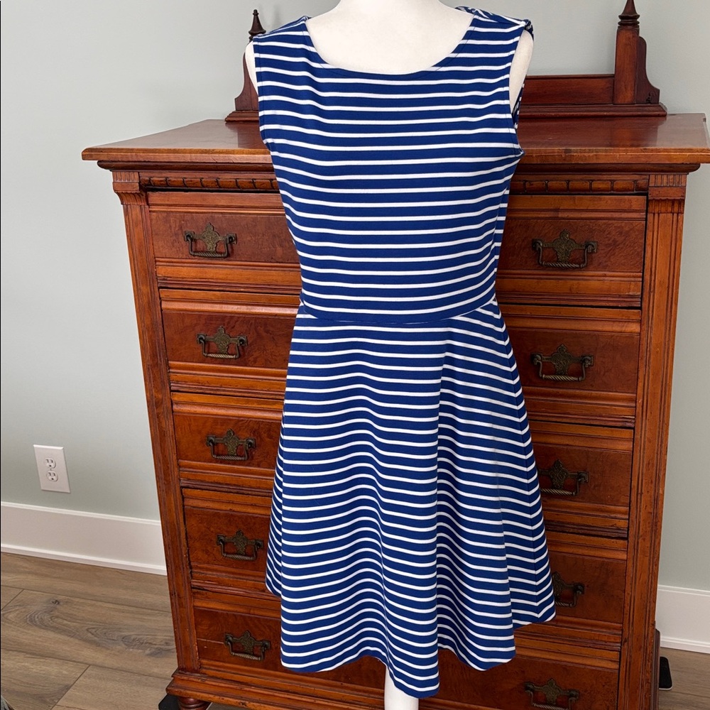 Talbots Edie Blue and White Knit Fit and Flare Dress Size M Modern Classic - Picture 2 of 9